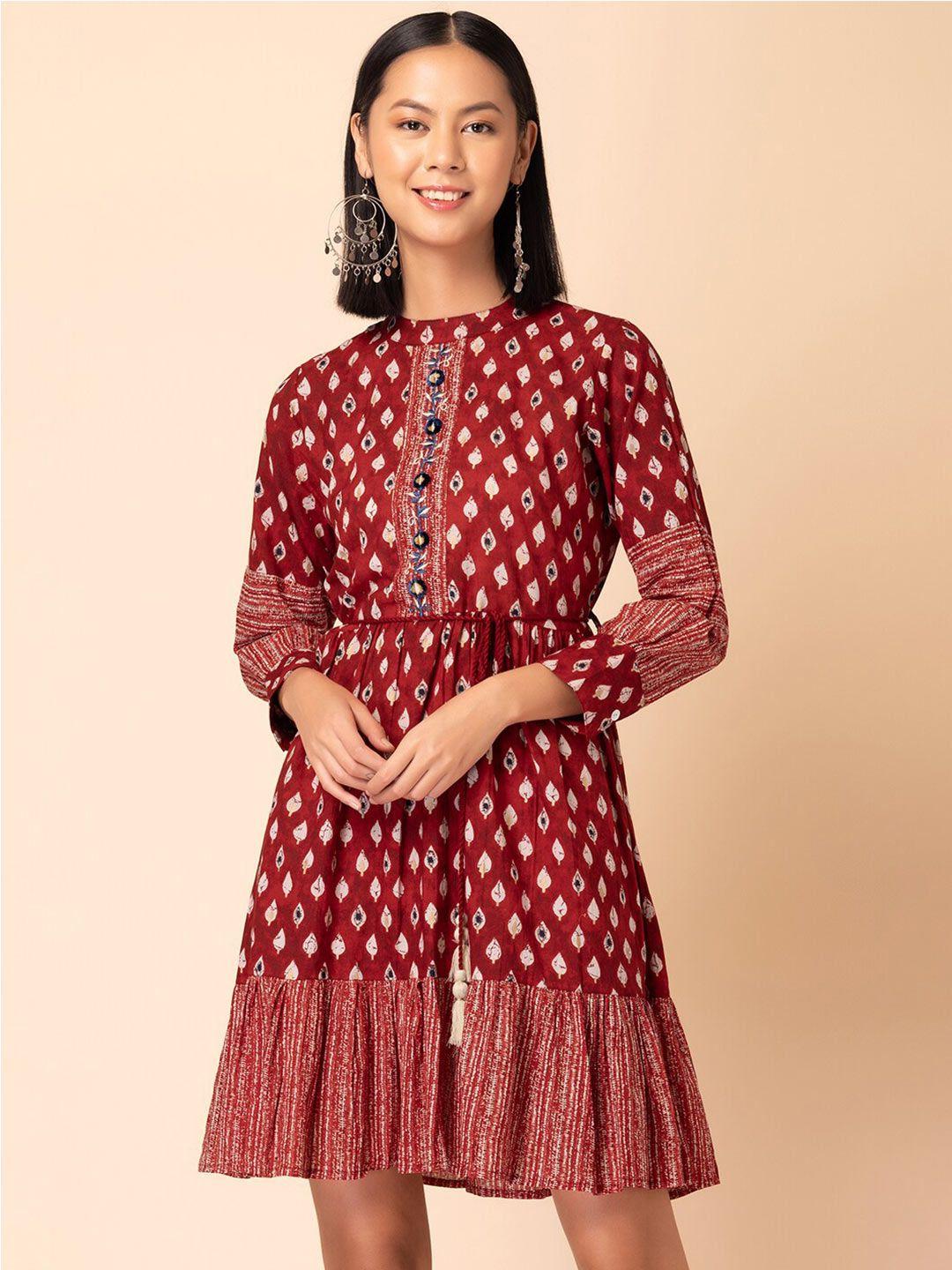 indya batik printed thread work tie-up detail pure cotton fit & flared ethnic dress