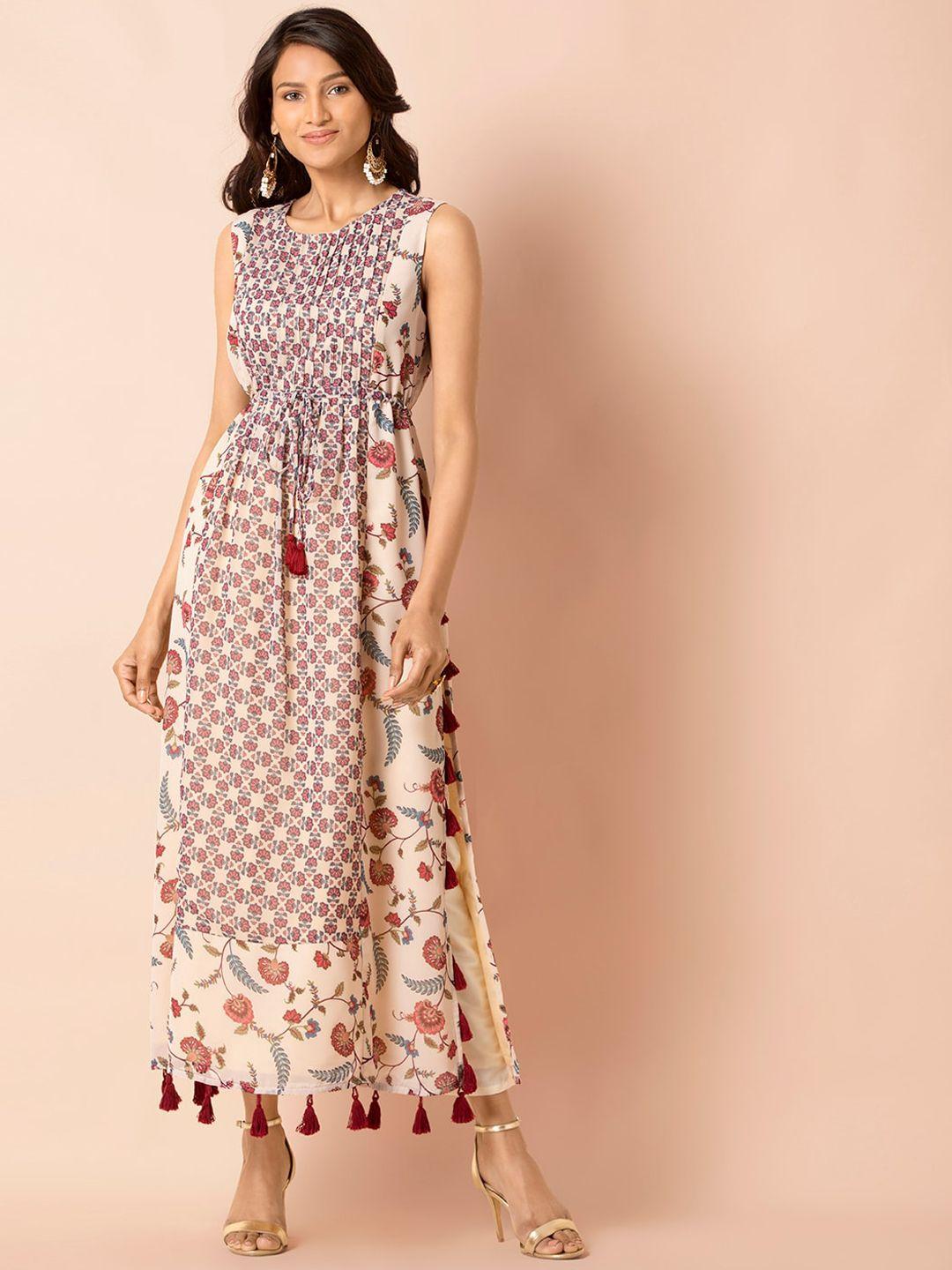 indya beige & pink floral tasselled high slit maxi dress