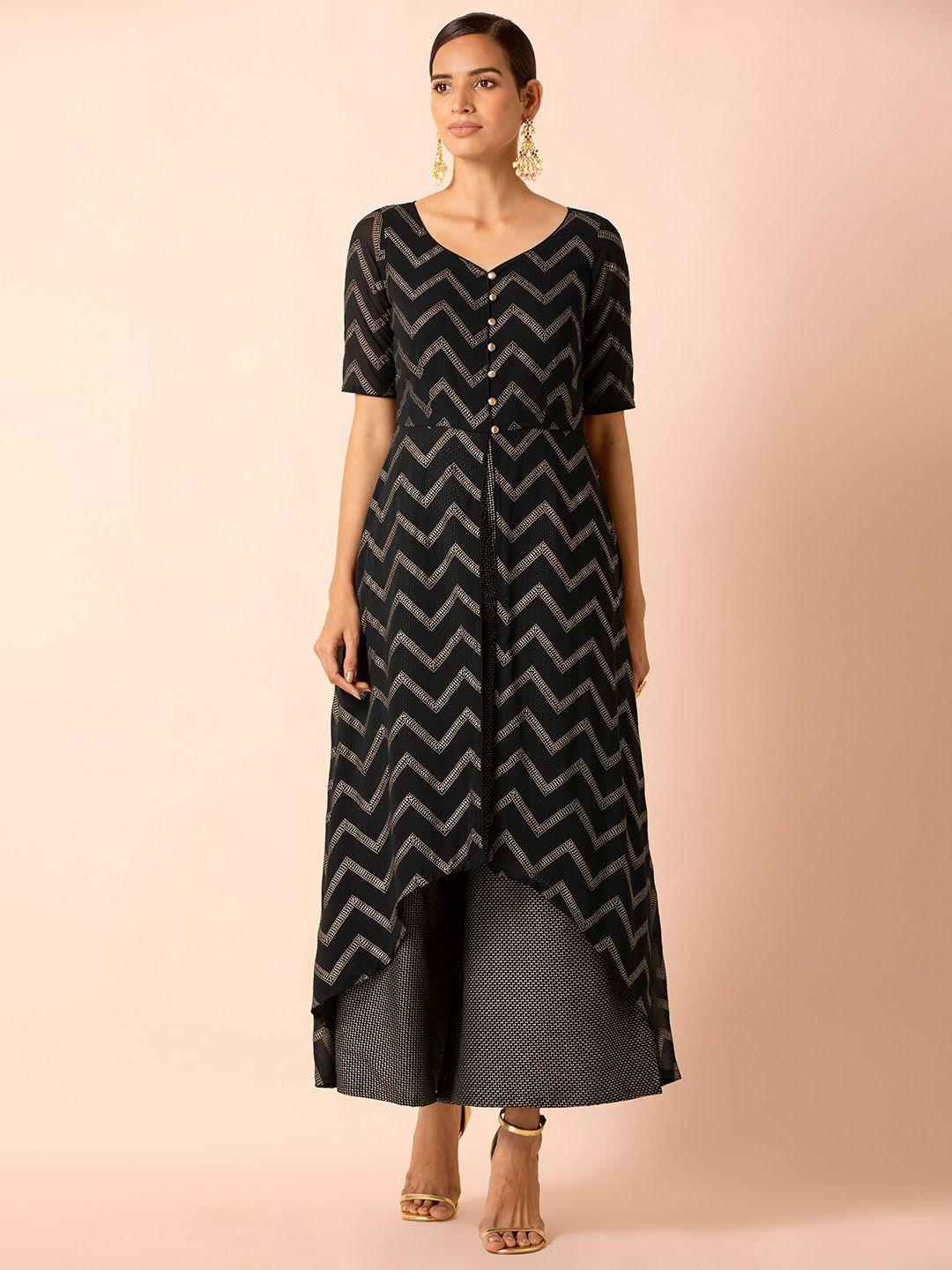 indya black & gold-toned printed chevron dotted layered jumpsuit