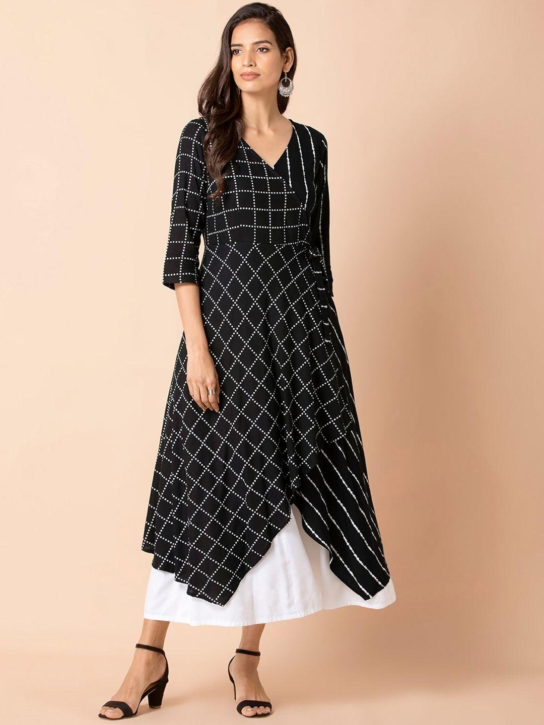 indya black & white geometric double layered angrakha dress