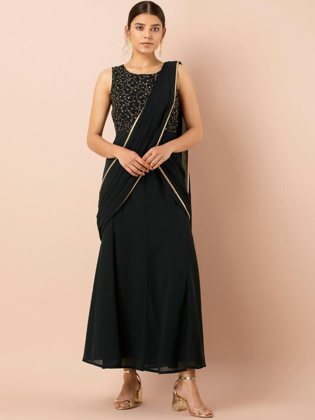 indya black embroidered fish cut kalidar kurta with attached dupatta