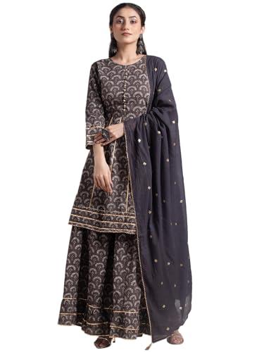 indya block print cotton women's sharara with kurta and dupatta set (brown, small)