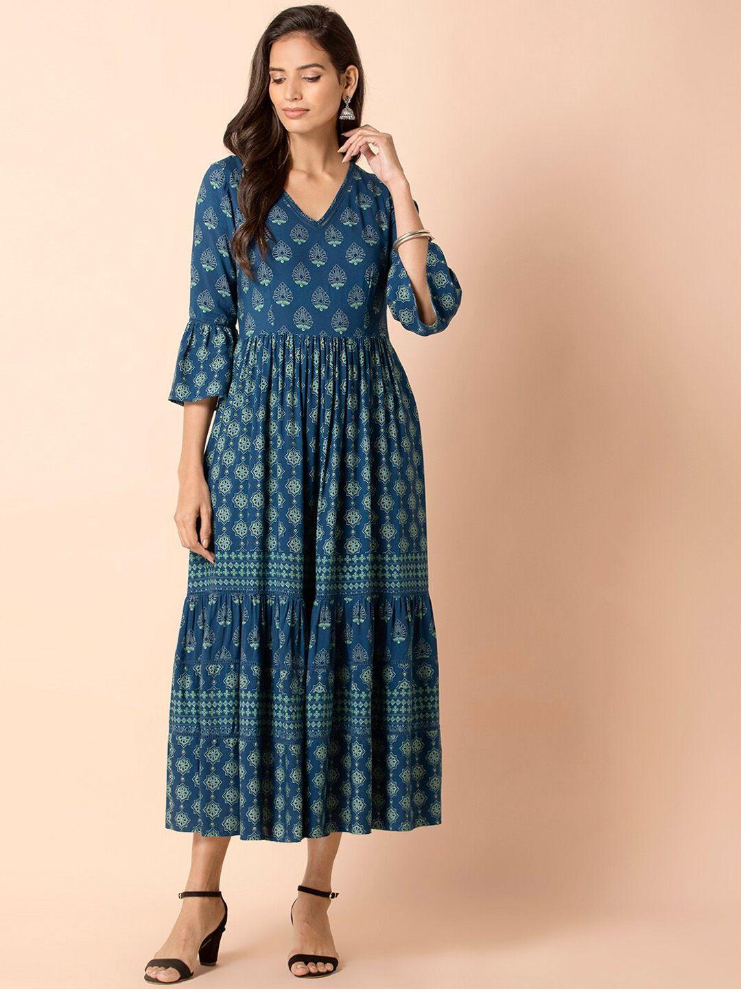 indya blue & green ethnic motifs midi dress