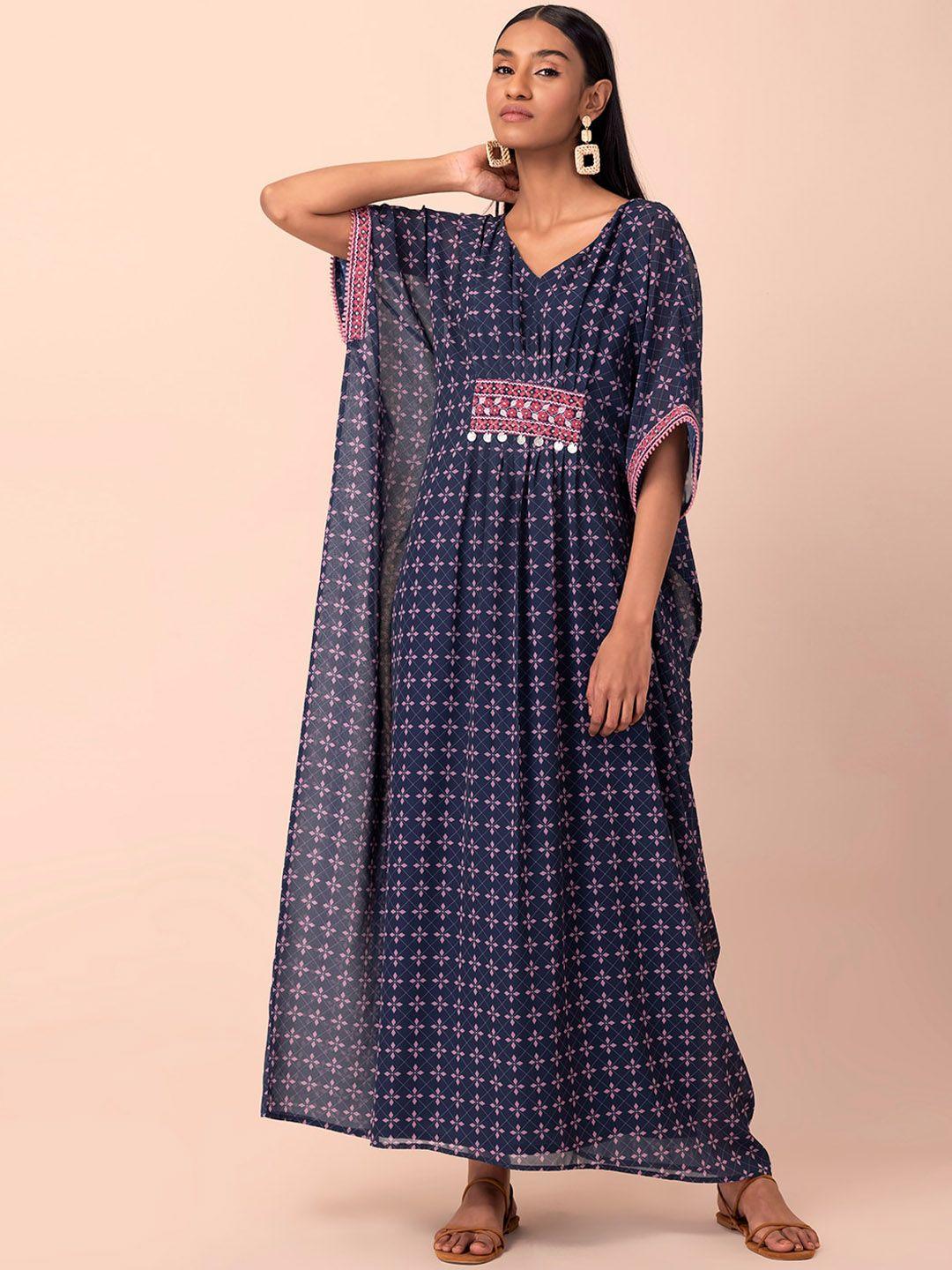 indya blue & pink printed kaftan maxi kurta