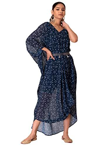 indya blue dabu print one shoulder kurta with attached belt