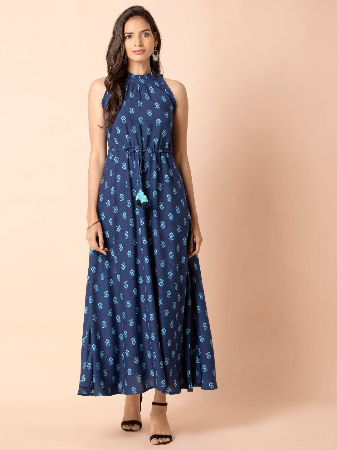 indya blue ethnic motifs printed halter neck maxi dress