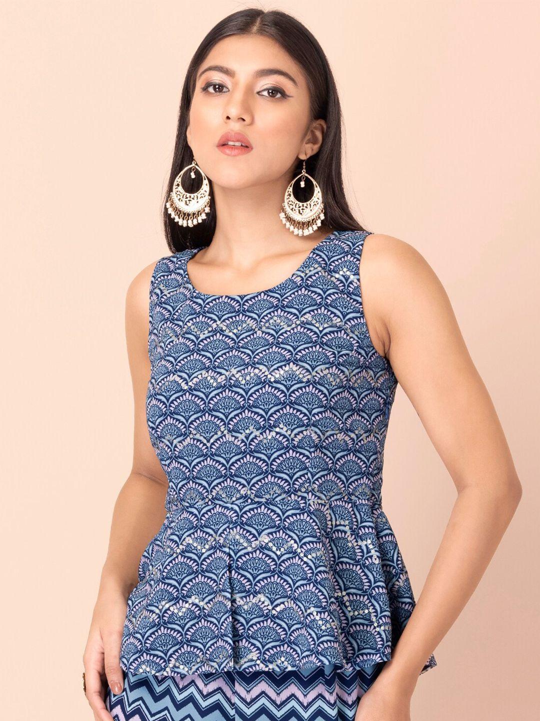 indya blue geometric print georgette peplum top