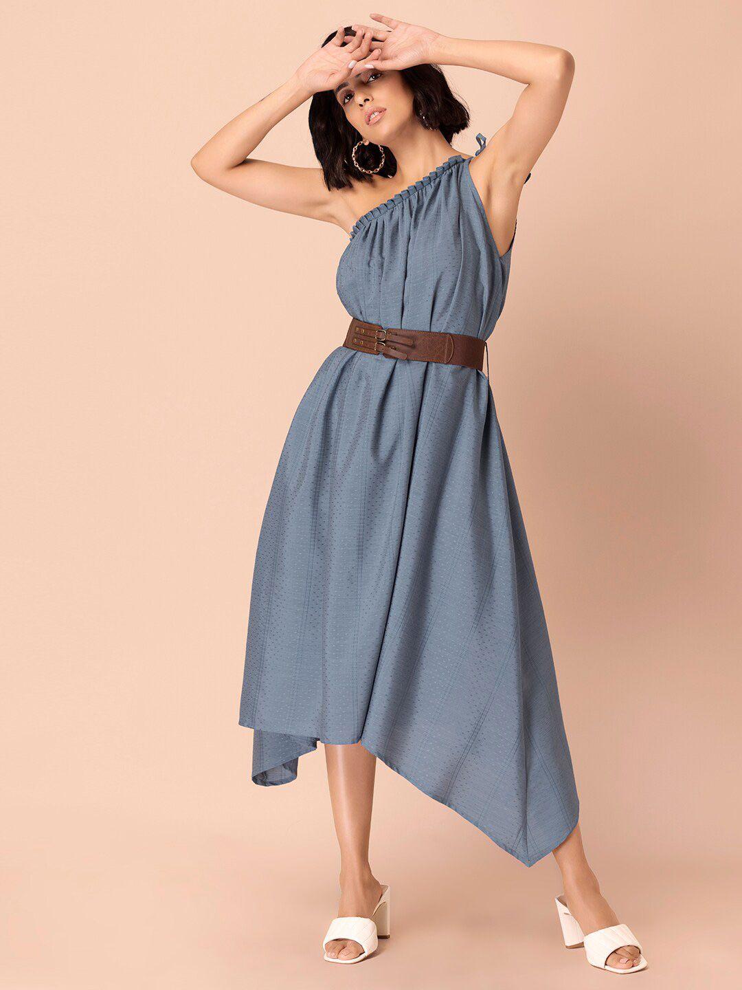 indya blue one shoulder dress with leather belt