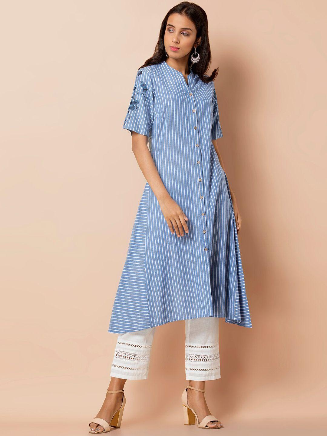 indya blue striped embroidered kurta