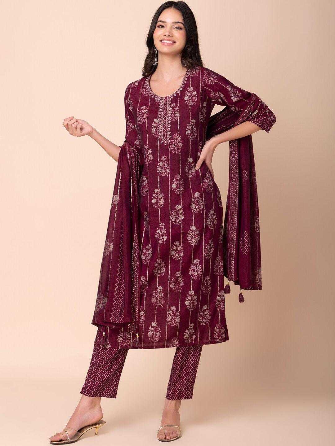 indya boota-printed a-line kurta with trouser & dupatta
