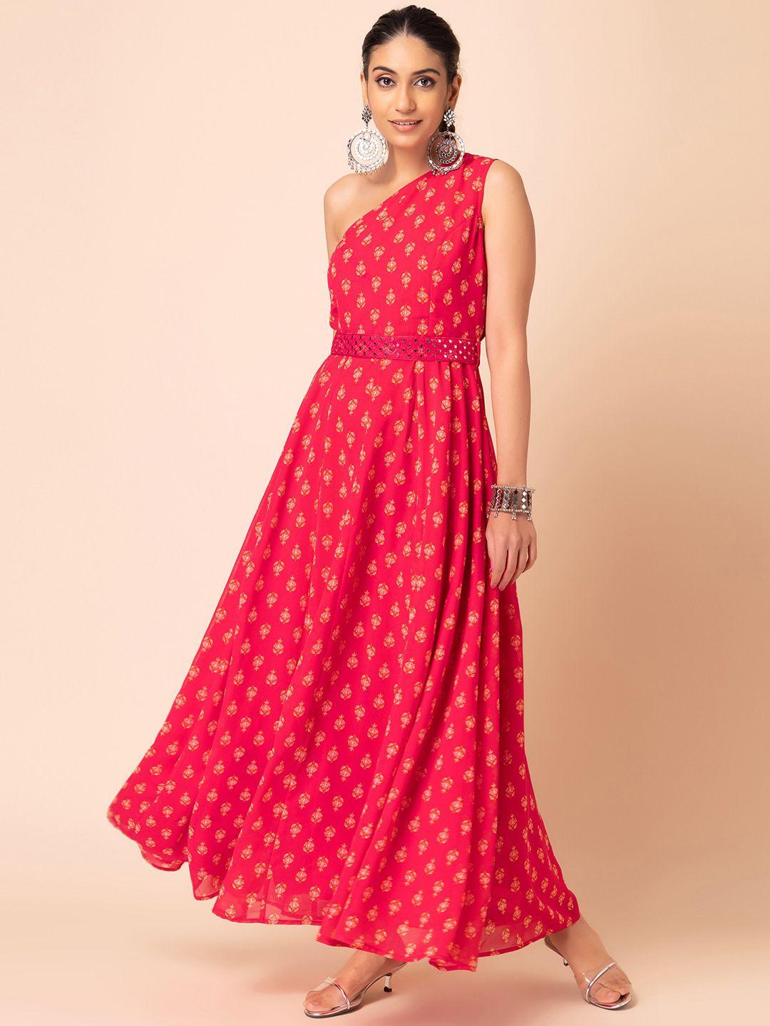 indya boota printed one shoulder maxi fit & flare ethnic dress with mirror work belt