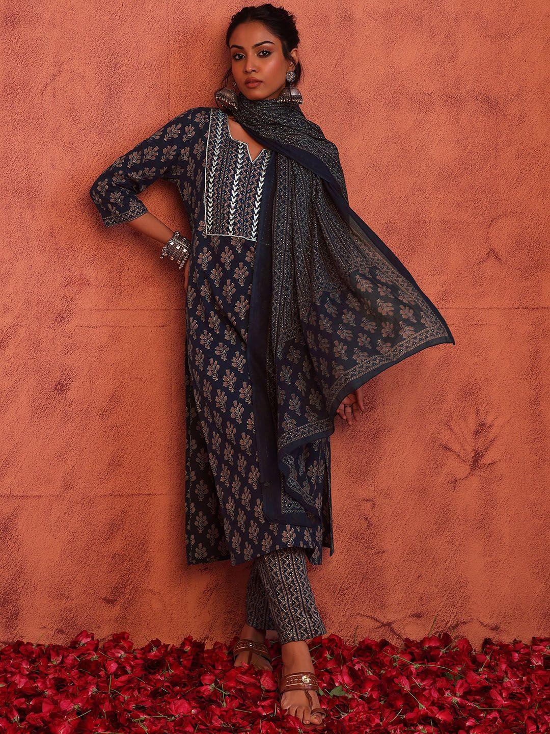 indya boota printed pure cotton straight kurta with trouser & dupatta