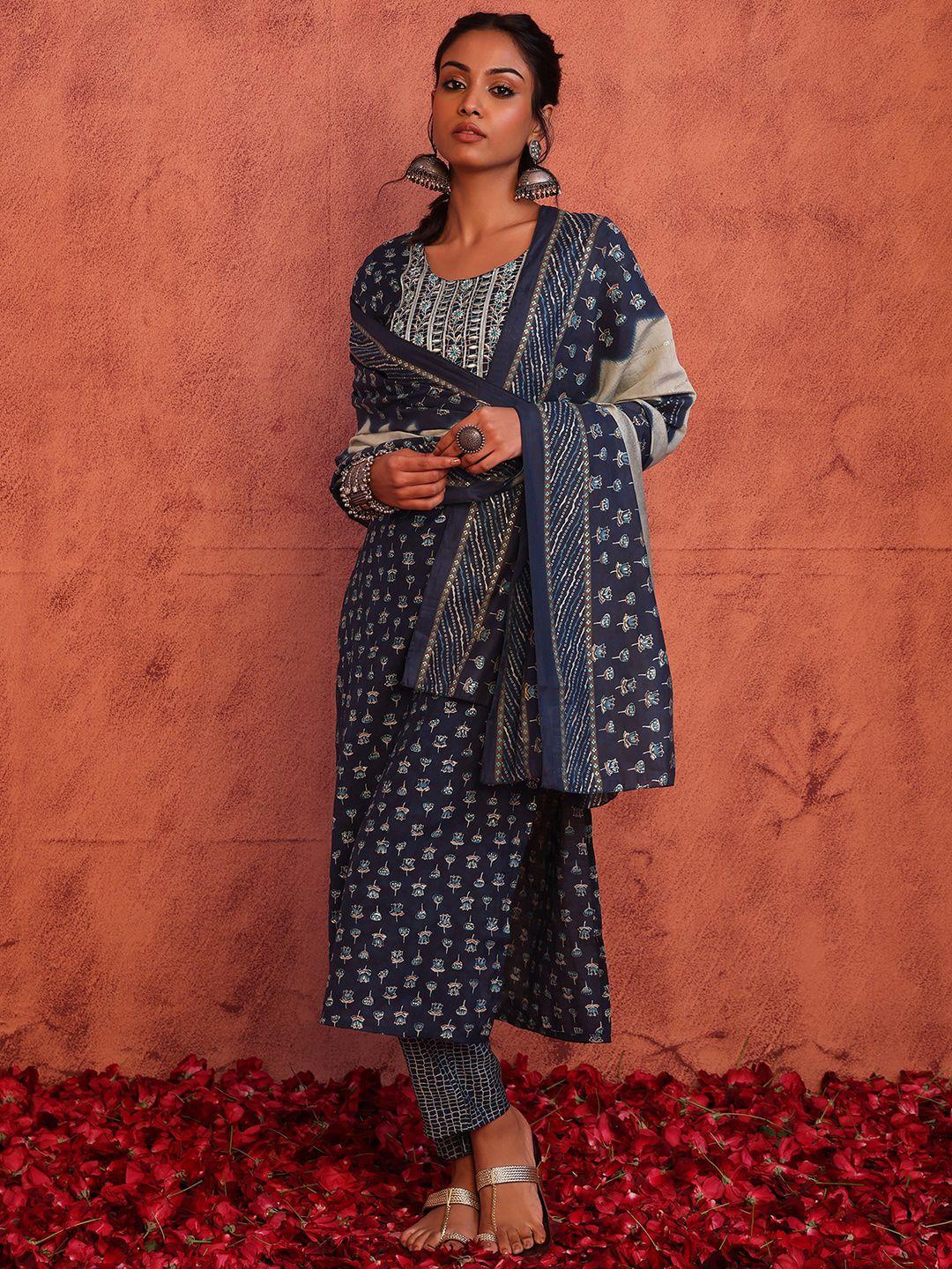 indya boota printed straight kurta with trouser & dupatta