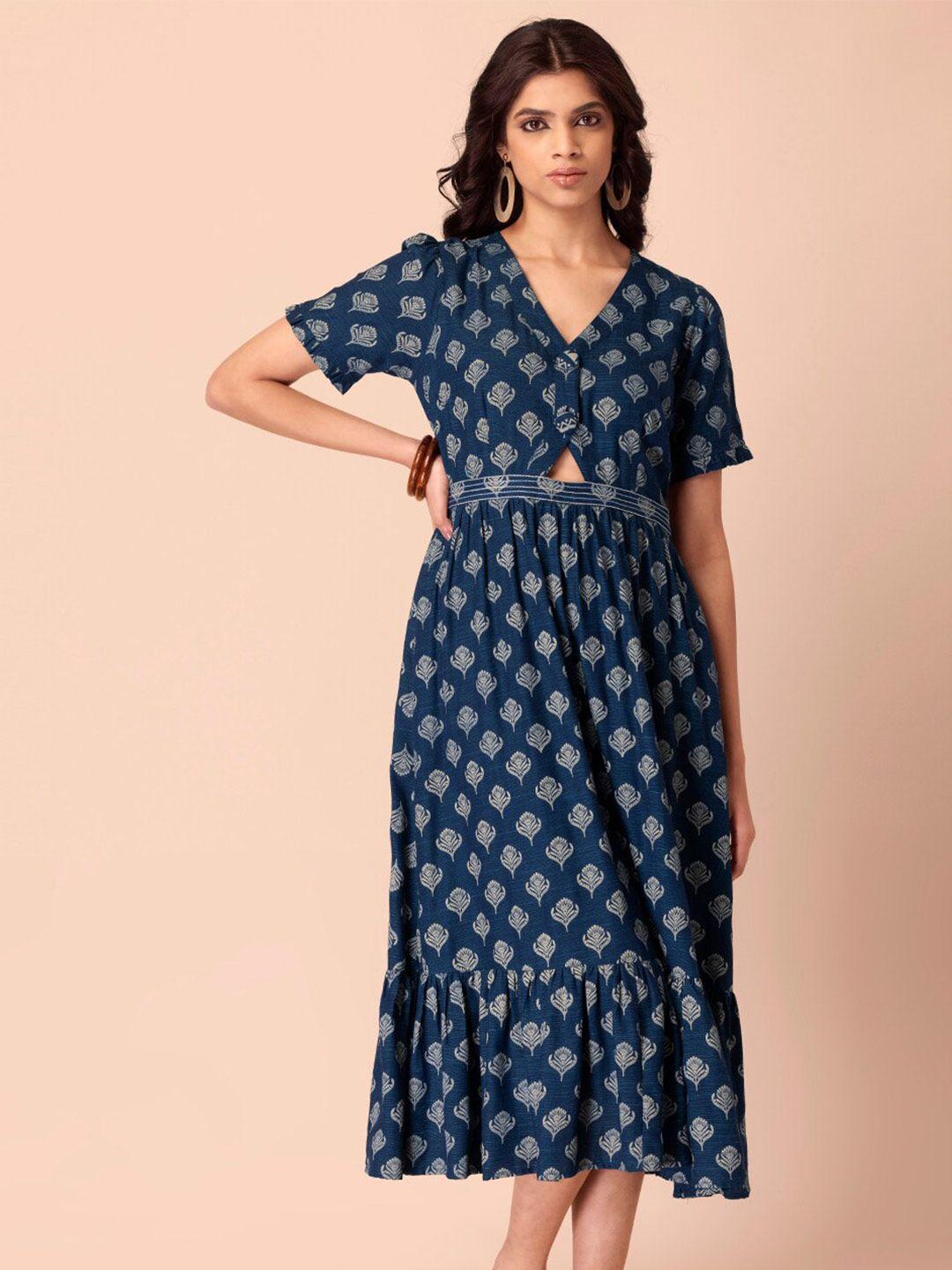 indya botta printed & embroidered waist a-line midi dress