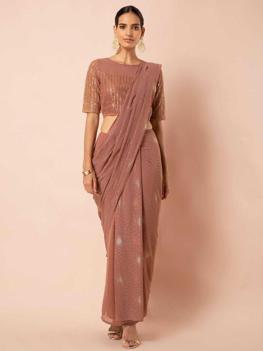 indya brown mukaish detail pre draped ready to wear saree