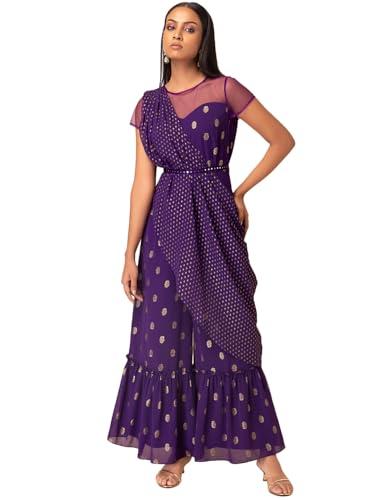 indya department12 georgette purple foil belted jumpsuit with attached dupatta full length (itn04518 xs)