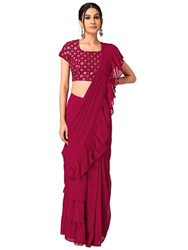 indya department844 georgette pink tiered ruffled pre-stitched saree (iss00020