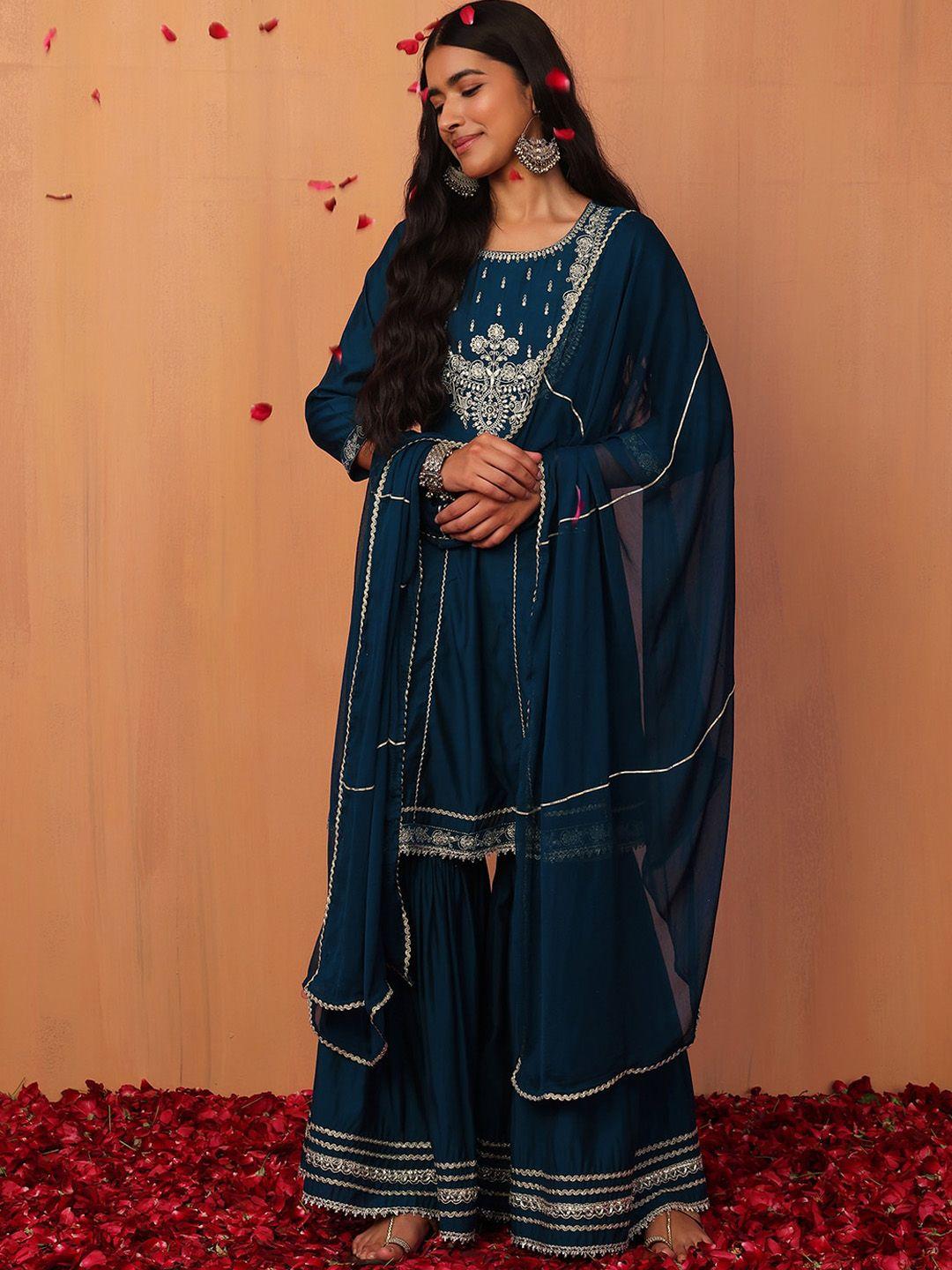 indya embellished anarkali kurta with sharara & dupatta