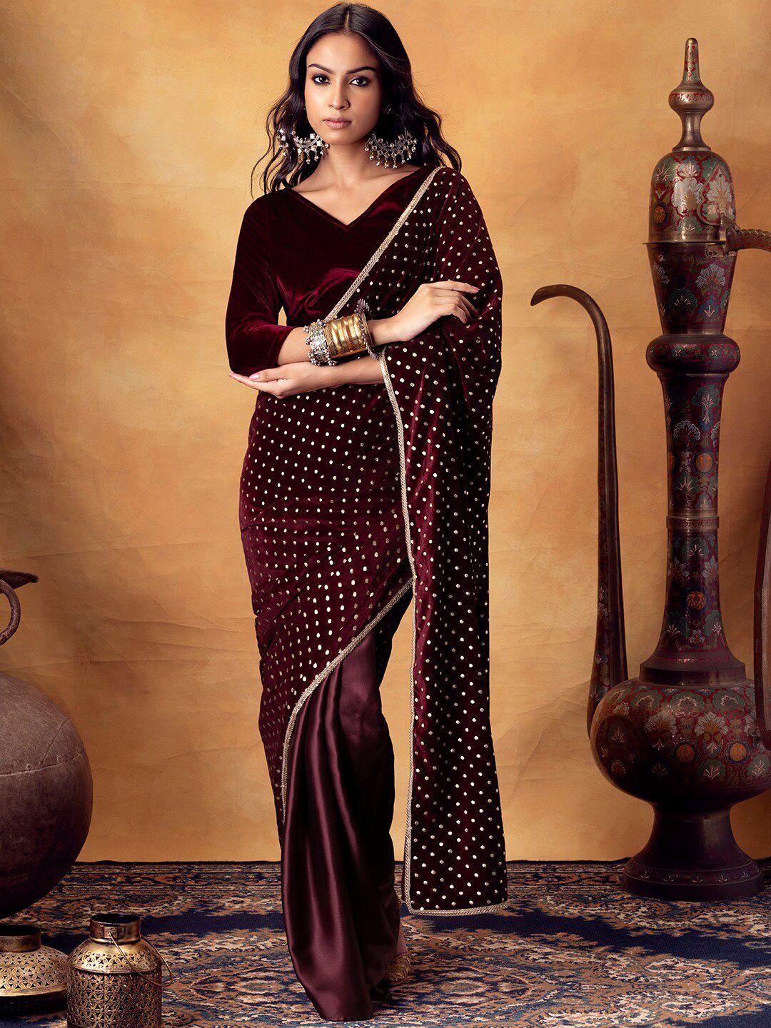 indya embellished embroidered velvet saree