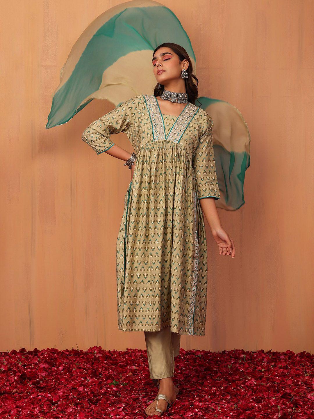 indya embroidered a-line kurta with trousers & with dupatta