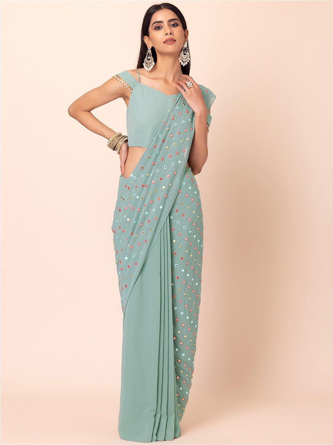 indya embroidered mirror work georgette saree with attached unstitched blouse
