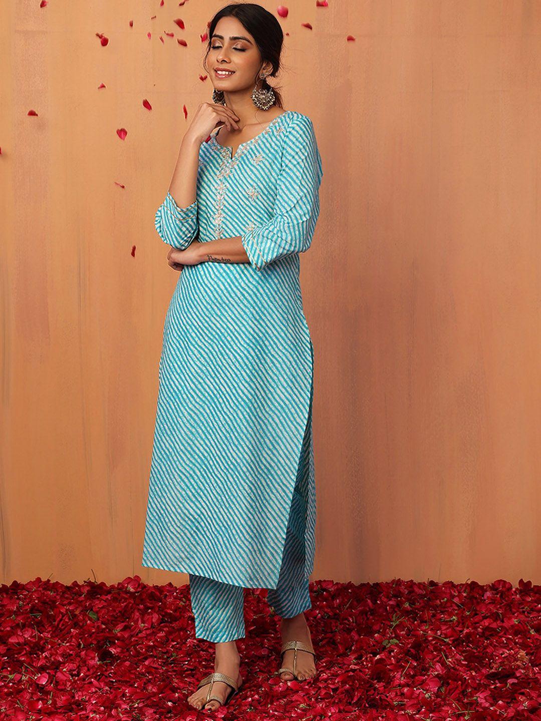 indya embroidered pure cotton straight kurta with trousers