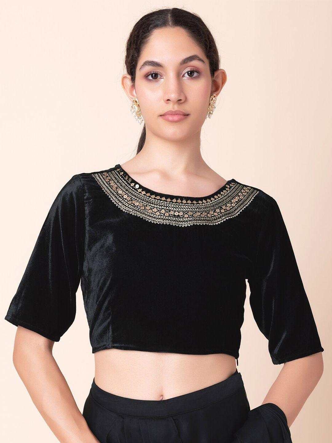 indya embroidered round neck sequinned velvet saree blouse