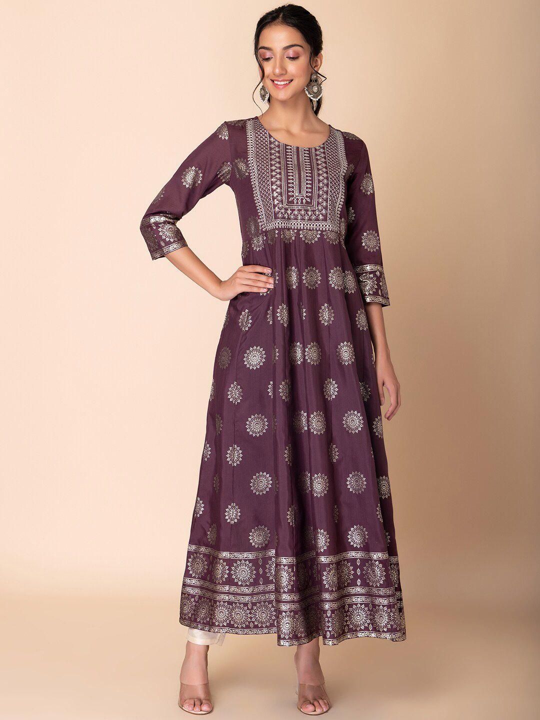 indya ethic motifs printed embroidered a-line ethnic dress