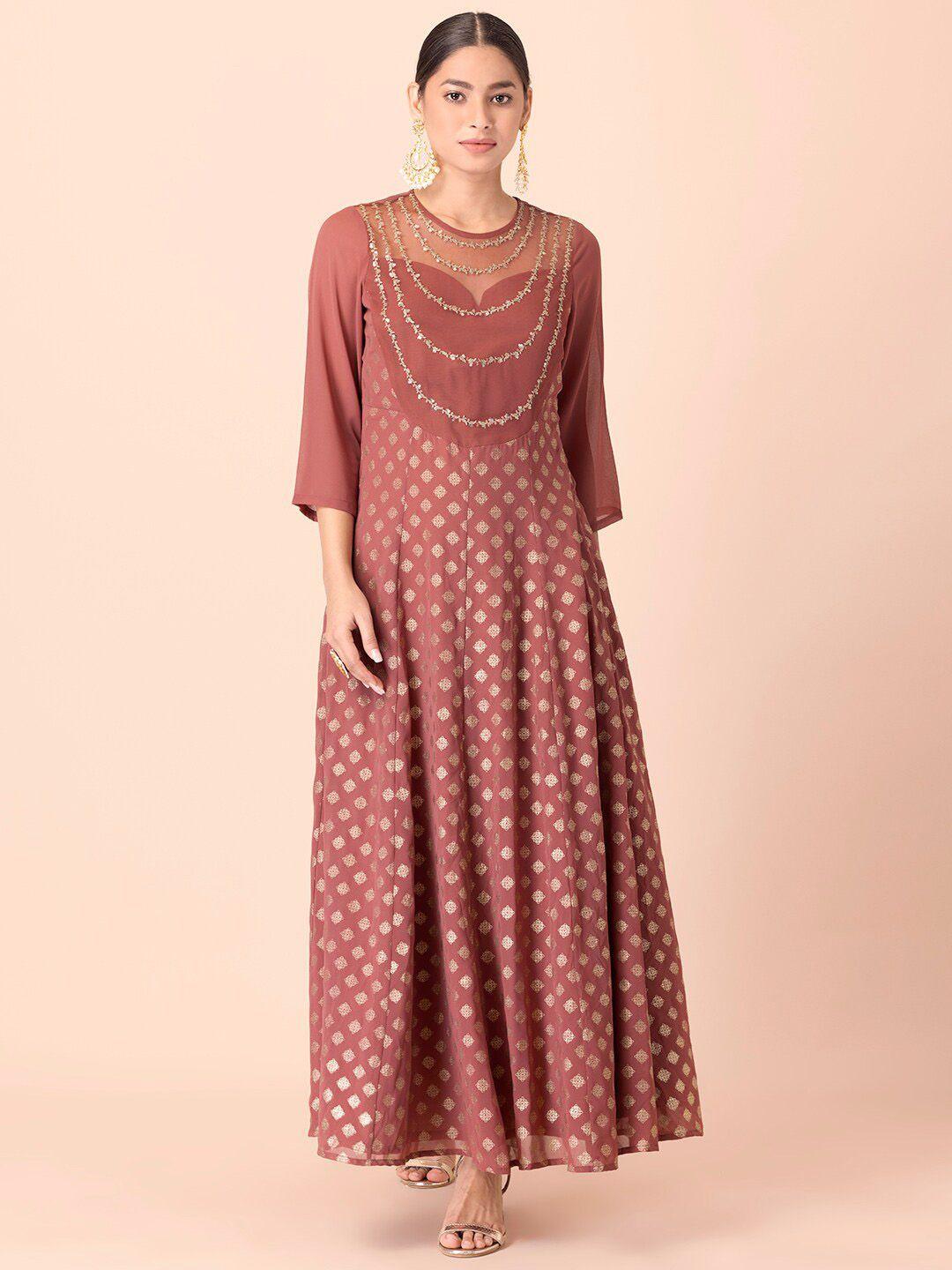 indya ethnic motif printed embroidered a-line ethnic dress