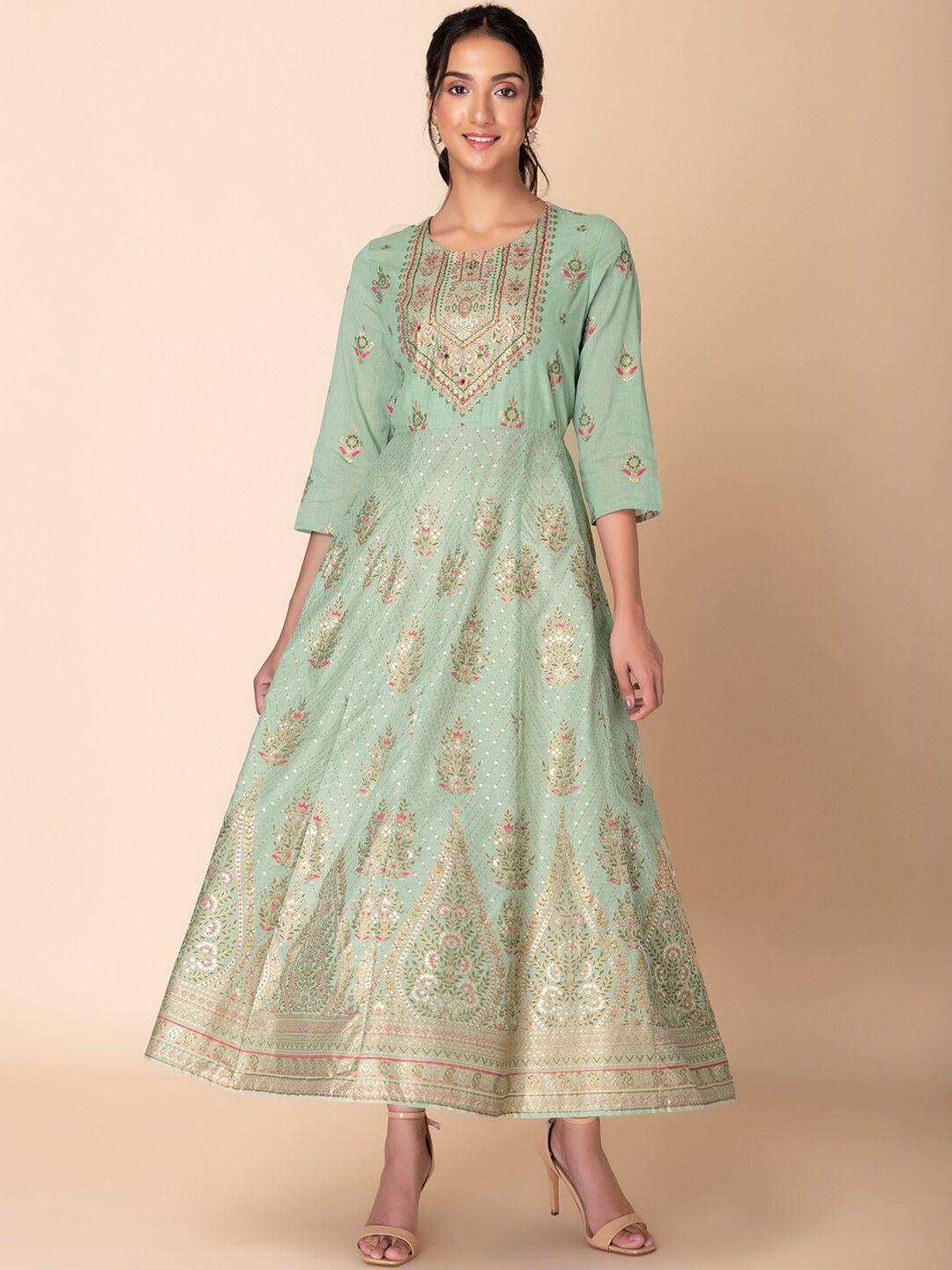 indya ethnic motif printed pure cotton anarkali kurta