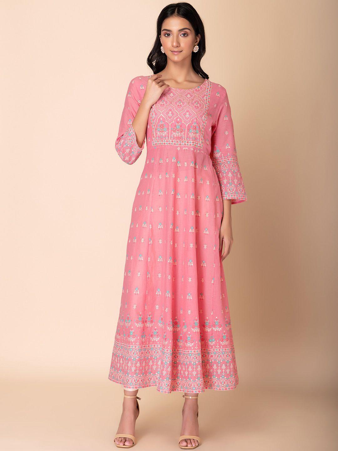 indya ethnic motif printed pure cotton anarkali kurta