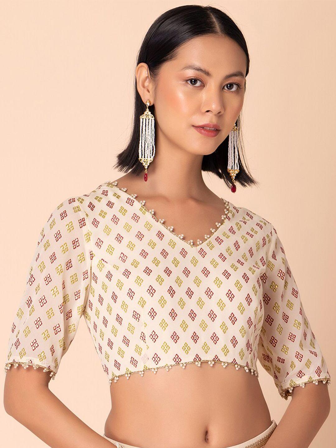 indya ethnic motif printed v-neck beads embellished saree blouse