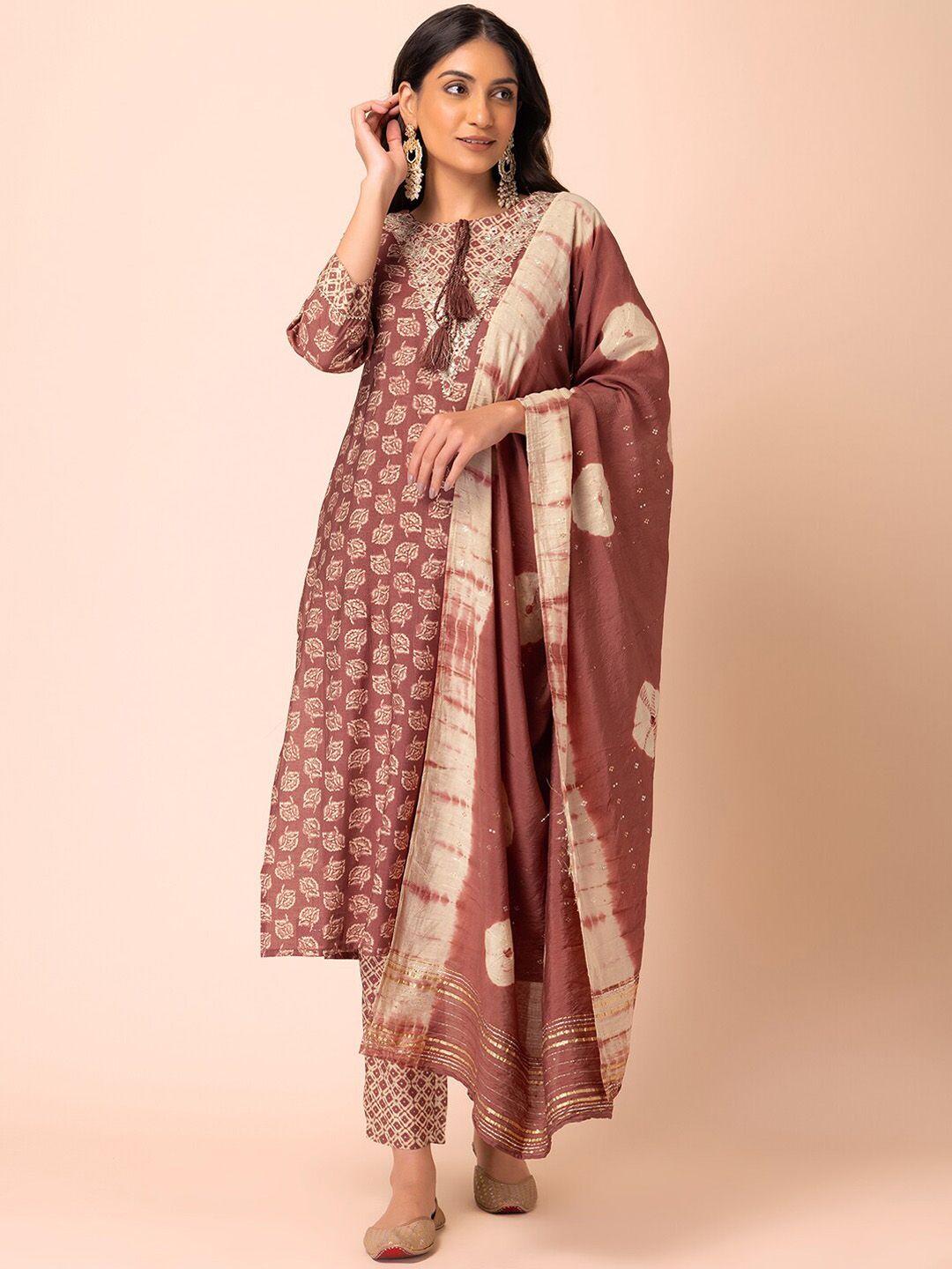 indya ethnic motifs batik printed gotta patti kurta with trouser & dupatta