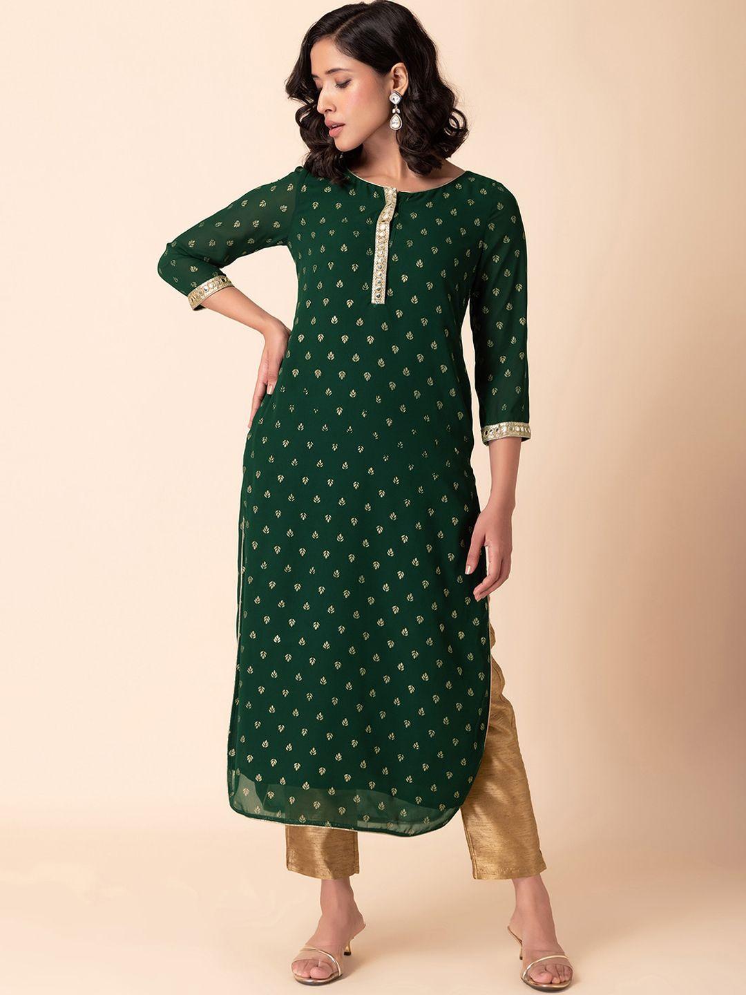 indya ethnic motifs foil printed mirror work straight kurta