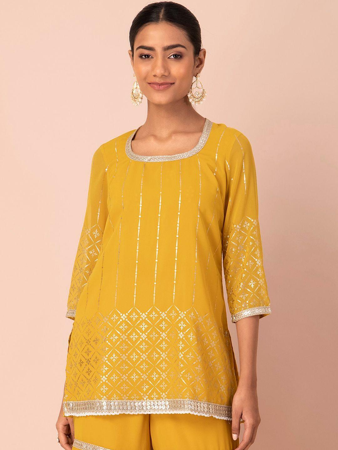 indya ethnic motifs foil printed zari round neck straight kurti