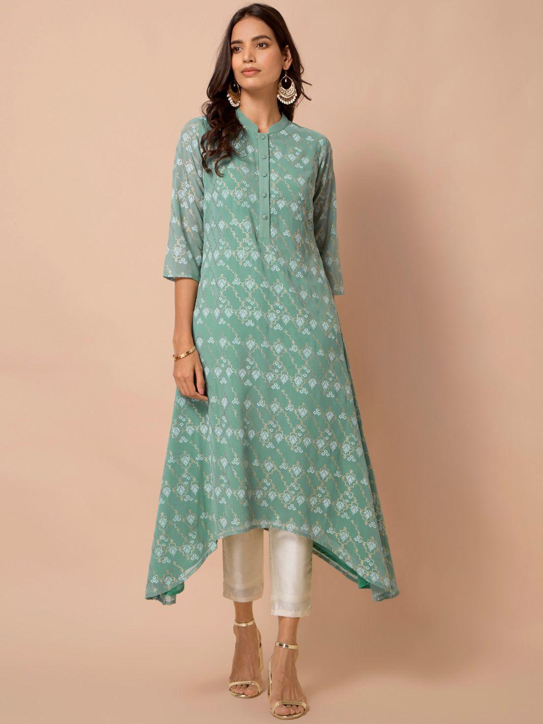 indya ethnic motifs printed assymetric hem a-line kurta