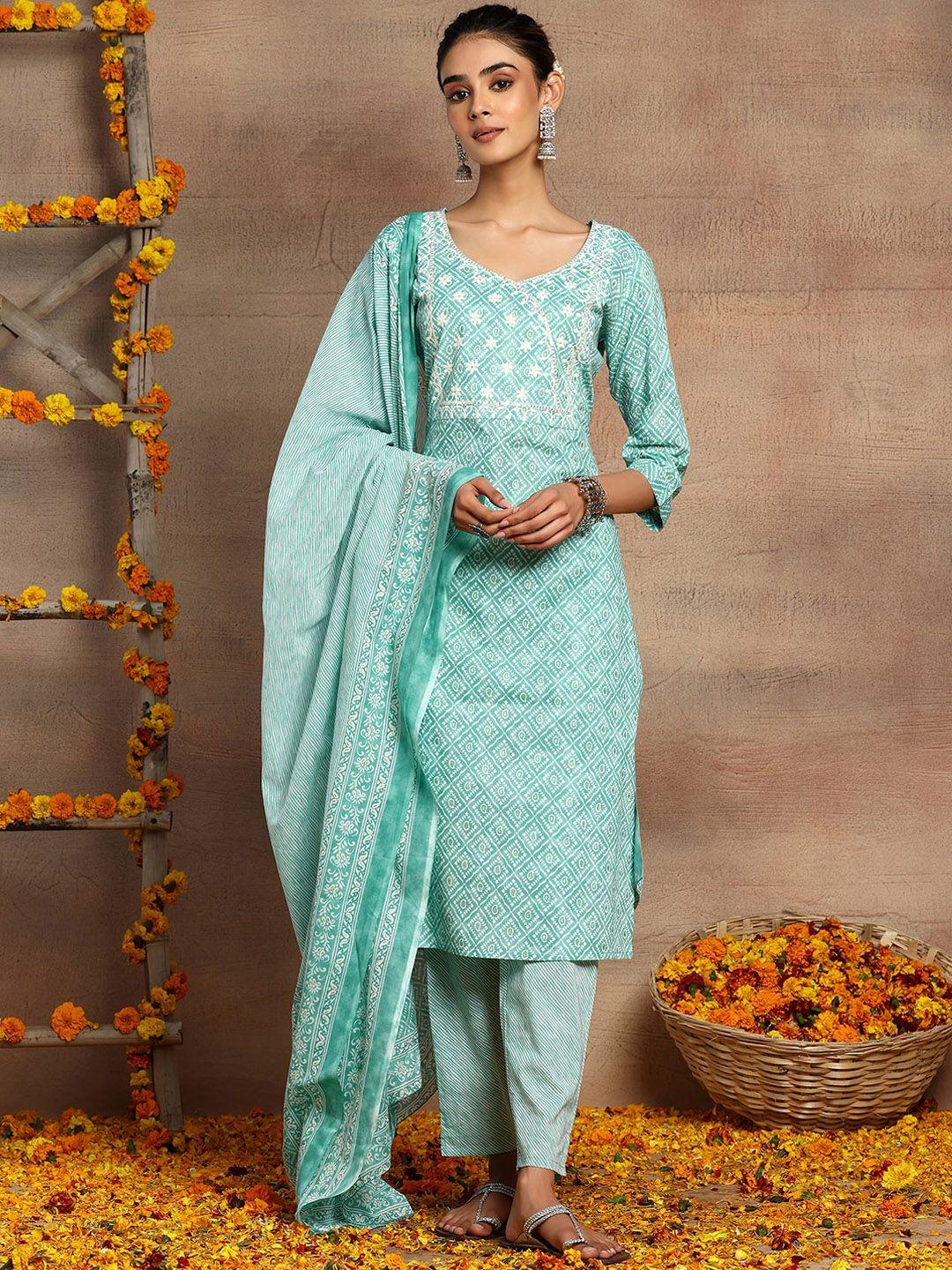 indya ethnic motifs printed cotton kurta trousers & dupatta sets