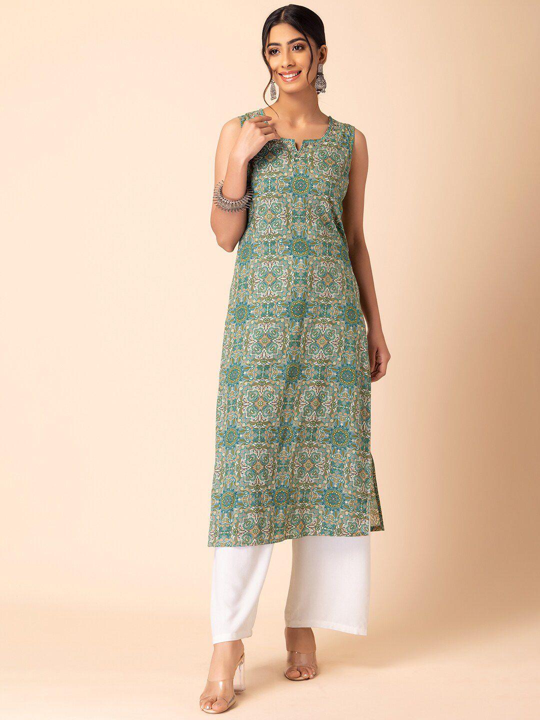 indya ethnic motifs printed embroidered pure cotton straight kurta