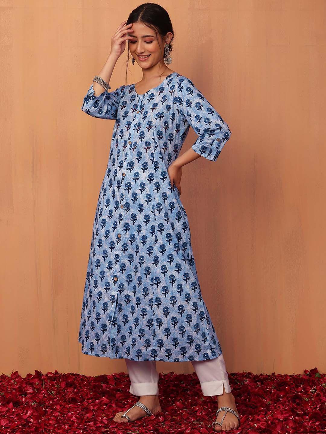 indya ethnic motifs printed front open cotton a-line kurta