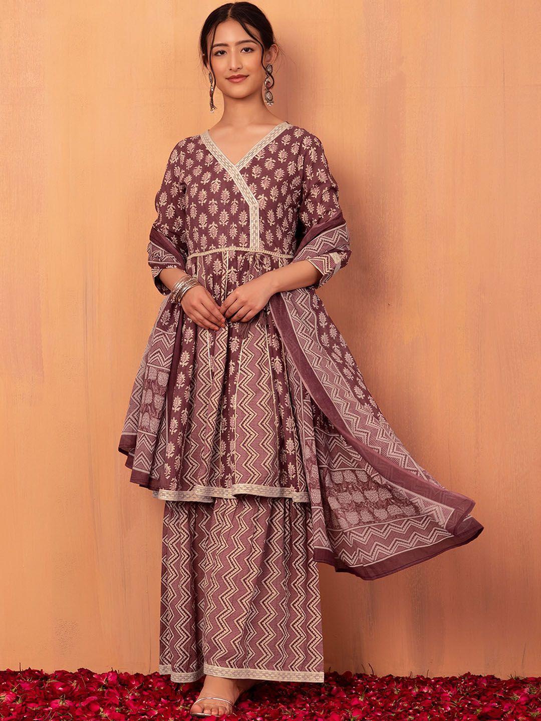 indya ethnic motifs printed gotta patti detail anarkali kurta with palazzos & dupatta