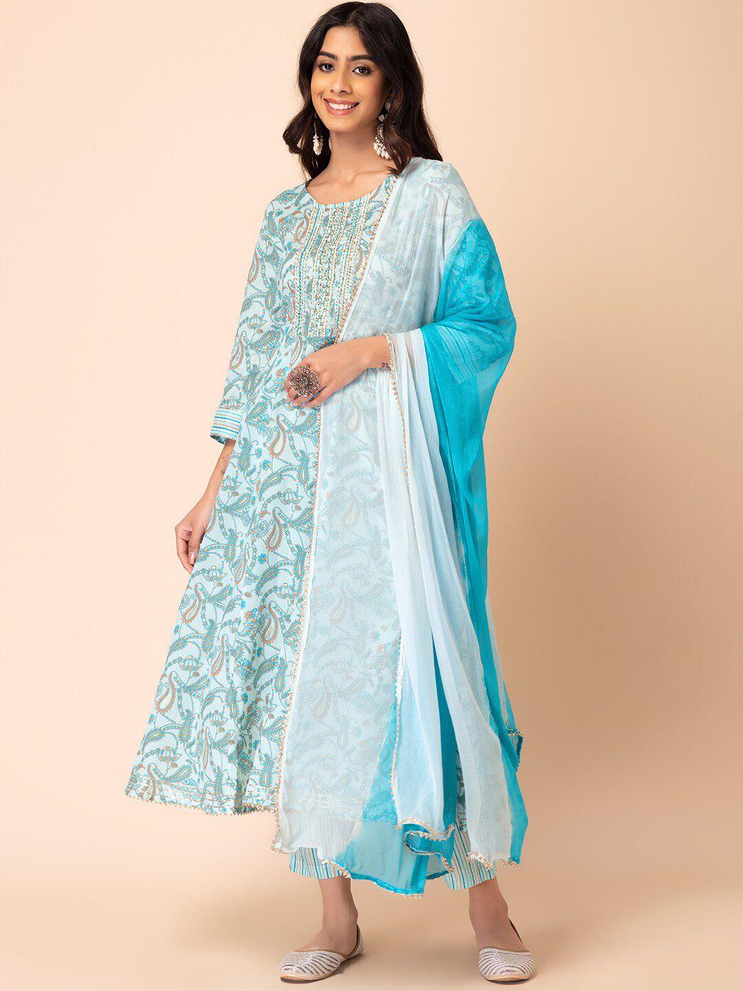 indya ethnic motifs printed gotts patti  pure-cotton a-line kurta with trouser & dupatta