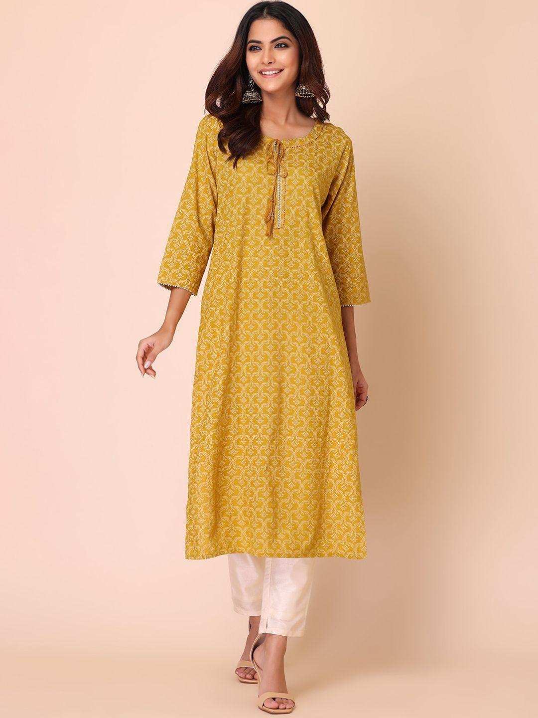 indya ethnic motifs printed keyhole neck thread work kurta