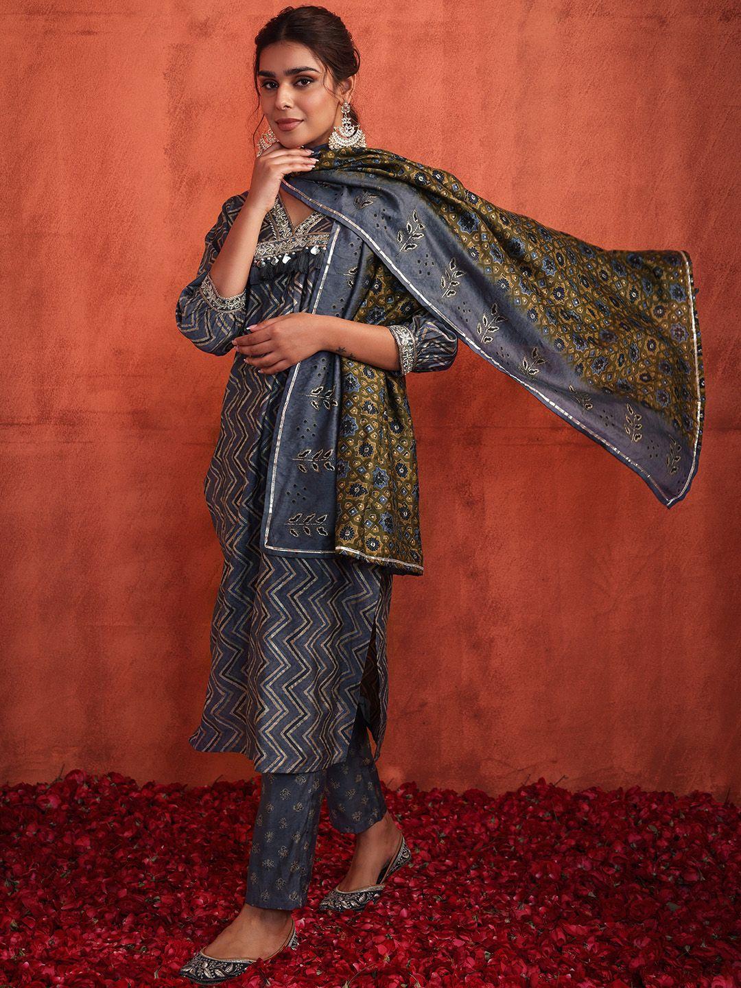 indya ethnic motifs printed kurta with trousers & with dupatta