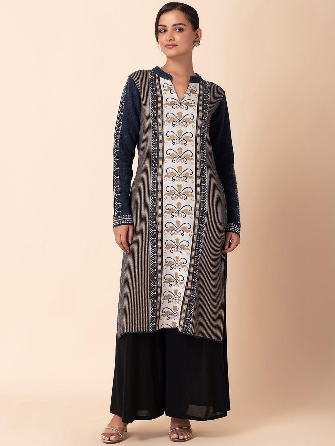 indya ethnic motifs printed mandarin collar long sleeves straight kurta