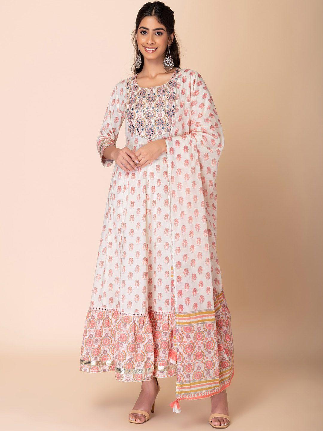 indya ethnic motifs printed mirror work pure cotton anarkali kurta with trouser & dupatta