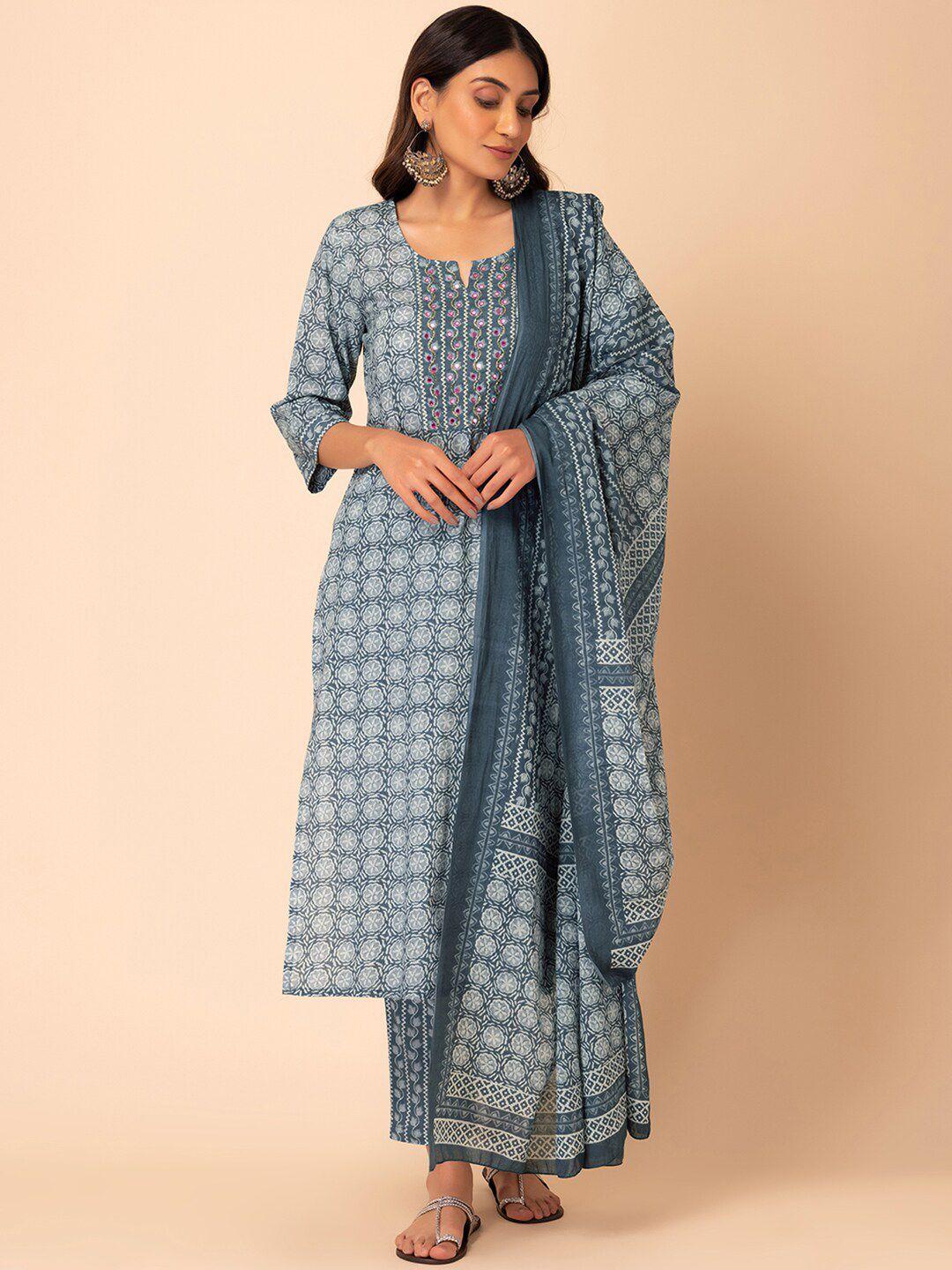 indya ethnic motifs printed mirror work pure cotton kurta with trouser & dupatta