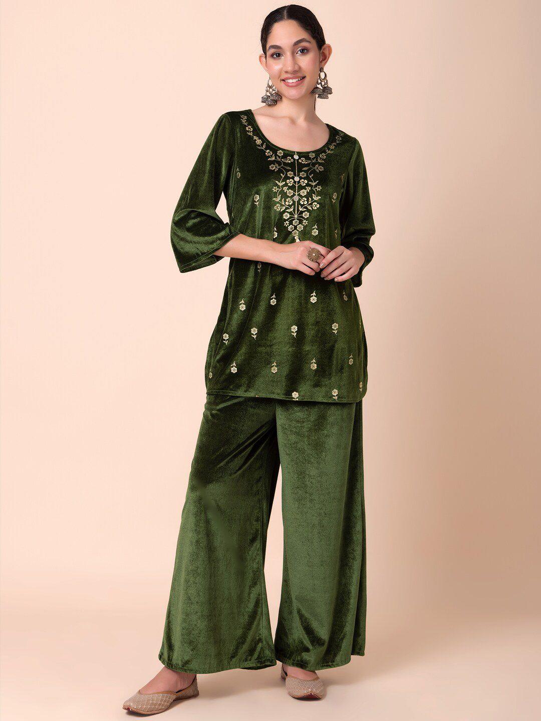 indya ethnic motifs printed scoop neck velvet straight kurti with palazzo