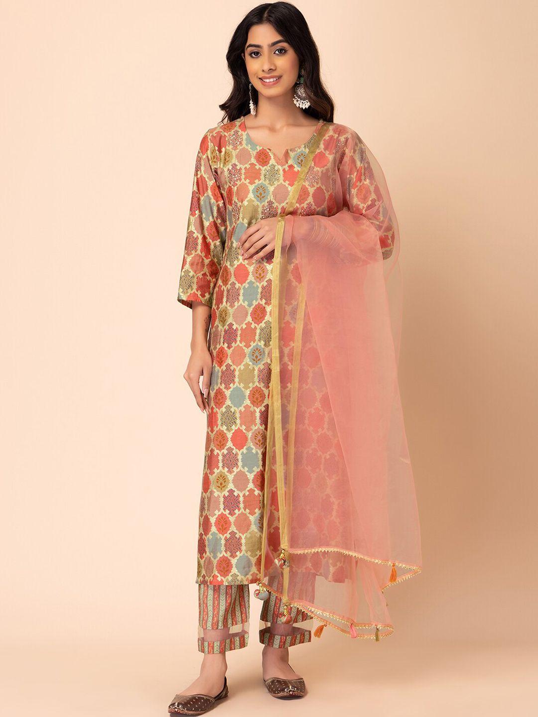 indya ethnic motifs printed sequined kurta with trousers & dupatta