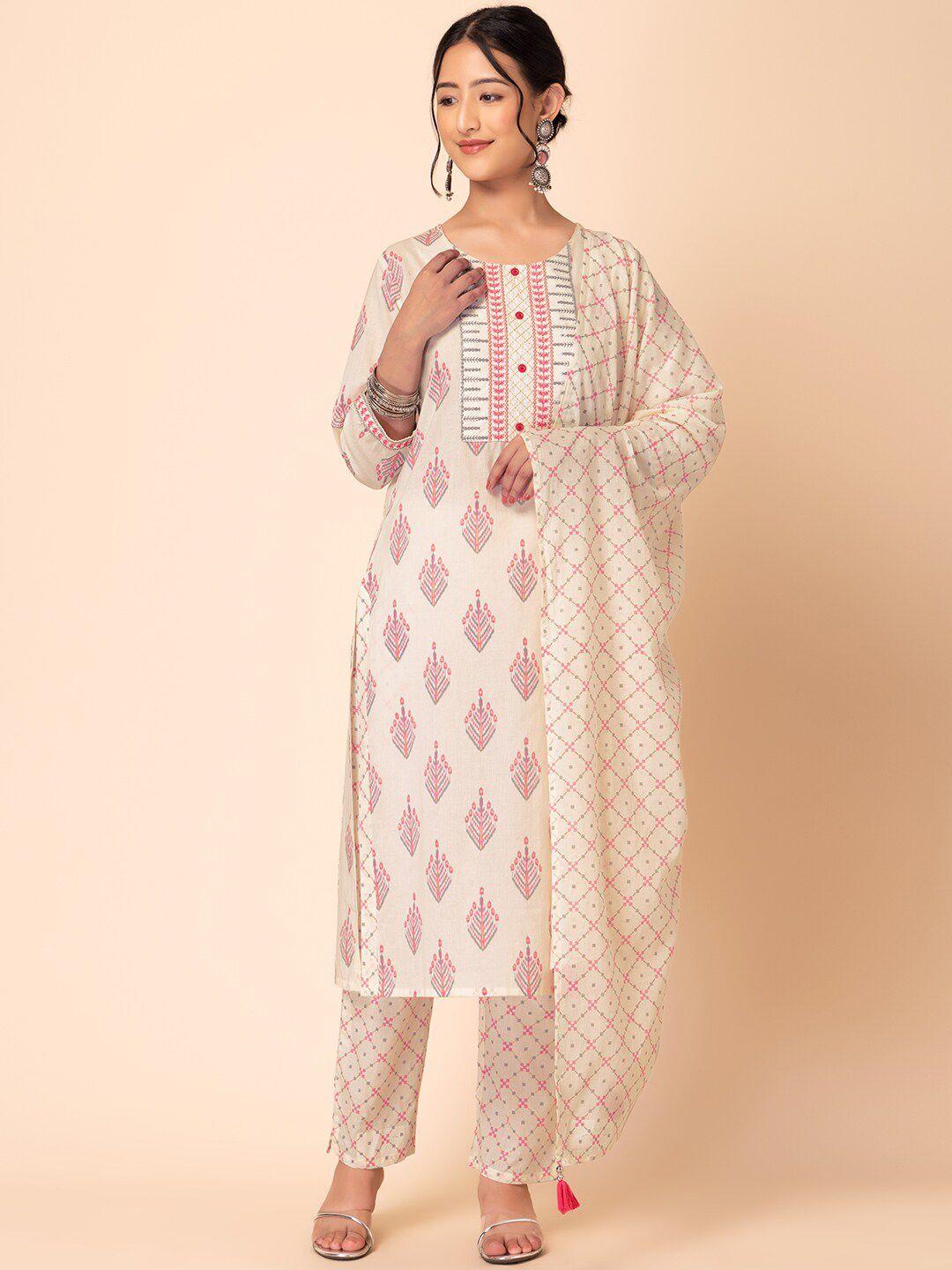 indya ethnic motifs printed sequined pure cotton kurta with trouser & dupatta