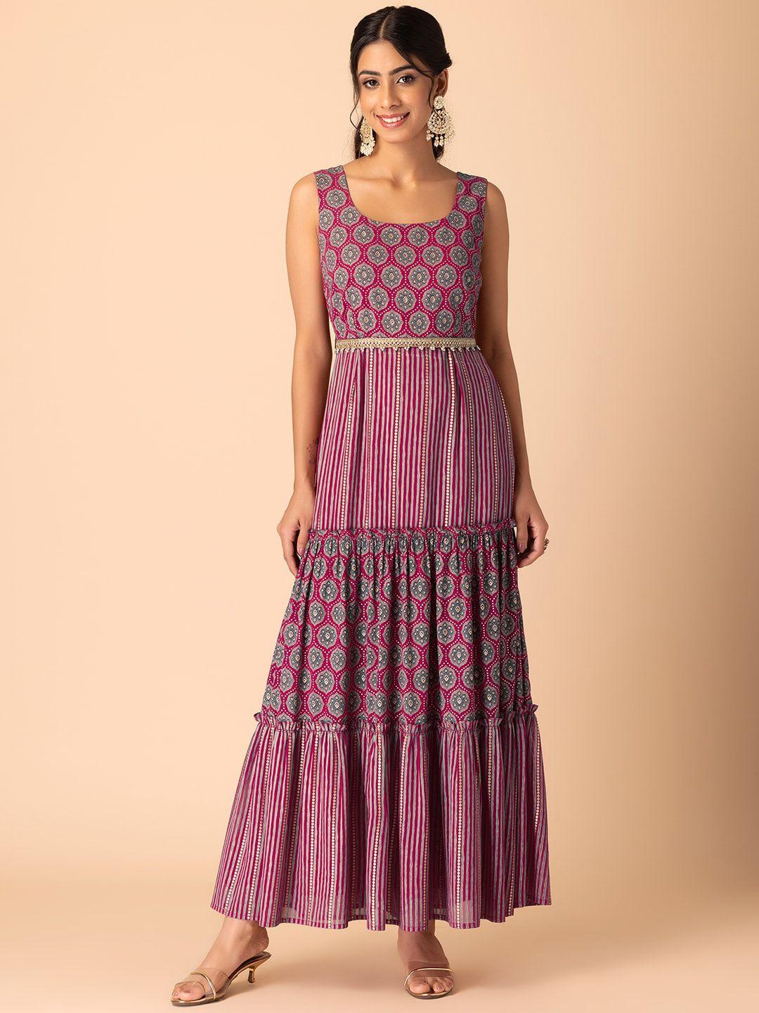 indya ethnic motifs printed sleeveless fit & flared dress